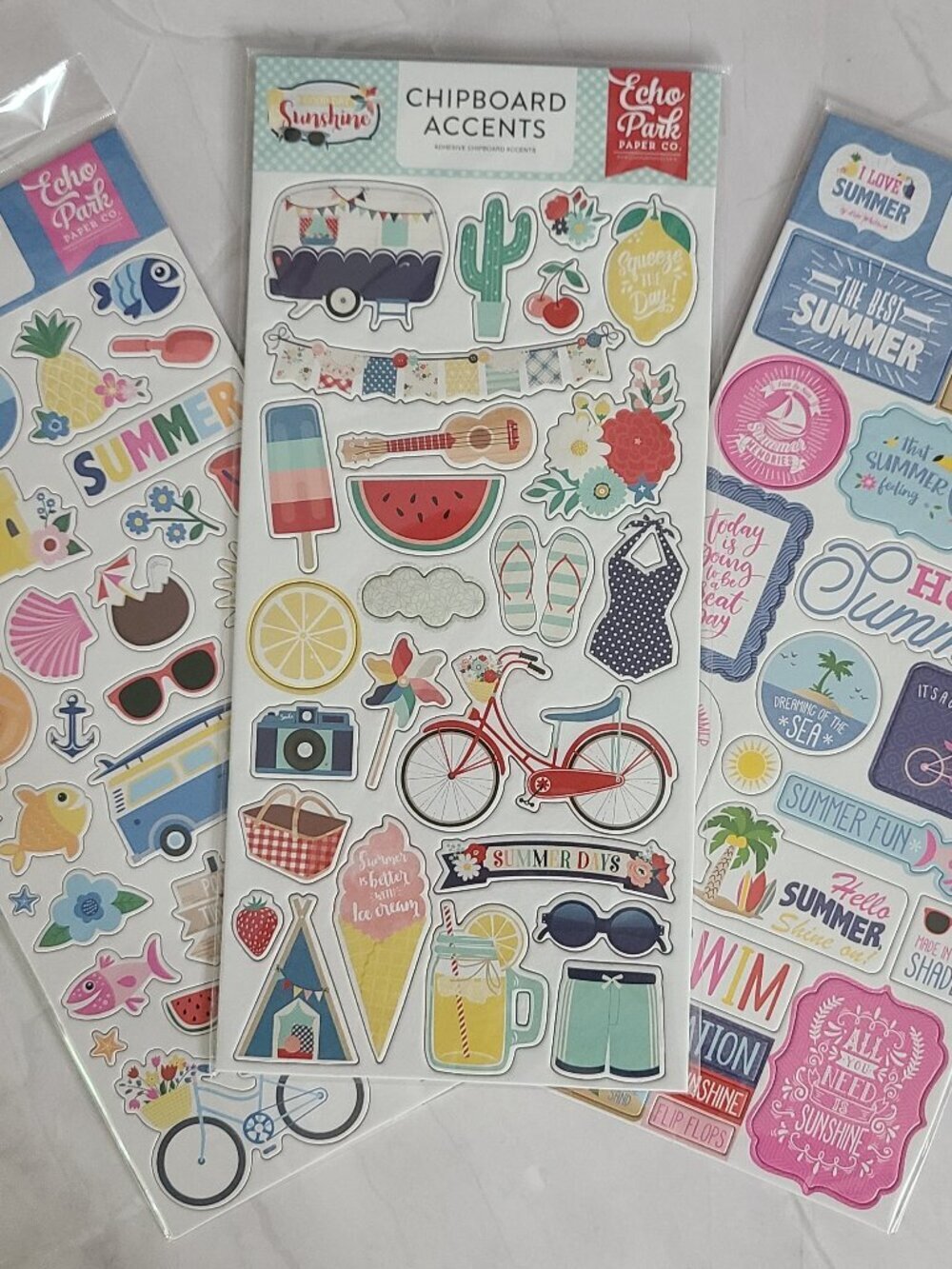 Echo Park Chipboard Accents & Phrases Summertime Beach Theme - Lot of 3